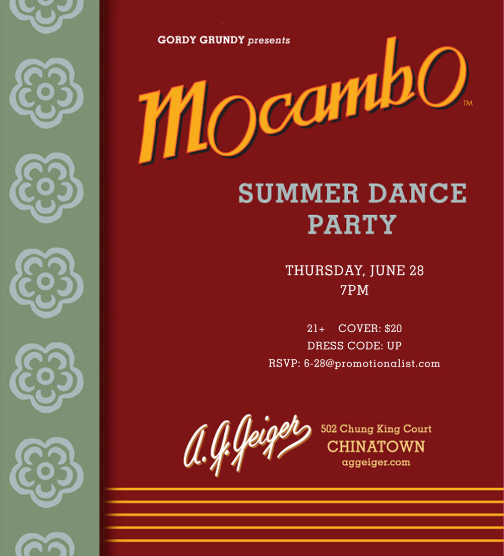 June 28, 2018    MOCAMBO SUMMER DANCE PARTY 7-11PM    Walk In, Dance Out! Celebrate Summer! Groovy tunes will inspire the touch and glide across the dance floor in our intimate Summer Dance Party. Don’t miss it! RSVP:&nbsp; 6-28@promotionalist.com